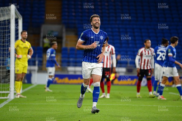 260825 - Cardiff City v Cheltenham Town - Carabao Cup Round Two - Calum Chambers of Cardiff City celebrates scoring a goal