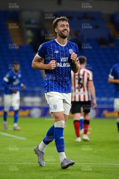 260825 - Cardiff City v Cheltenham Town - Carabao Cup Round Two - Calum Chambers of Cardiff City celebrates scoring a goal