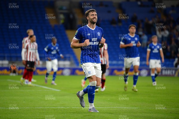 260825 - Cardiff City v Cheltenham Town - Carabao Cup Round Two - Calum Chambers of Cardiff City celebrates scoring a goal