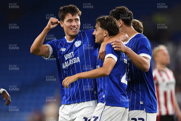260825 - Cardiff City v Cheltenham Town - Carabao Cup Round Two - Joel Colwill of Cardiff City celebrates scoring a goal with his brother Rubin Colwill of Cardiff City