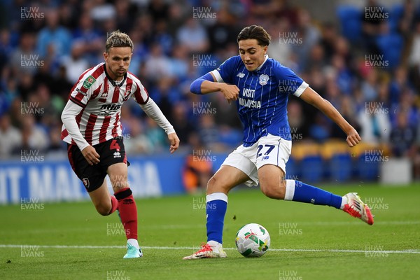 260825 - Cardiff City v Cheltenham Town - Carabao Cup Round Two - Joel Colwill of Cardiff City has a shot on goal