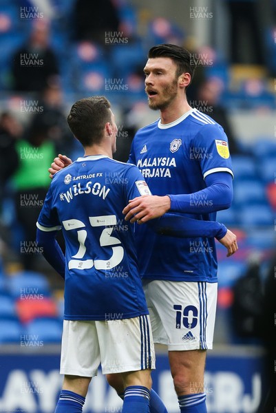 130221 - Cardiff City v Coventry City, Sky Bet Championship - Kieffer Moore of Cardiff City celebrates with Harry Wilson of Cardiff City after scoring goal