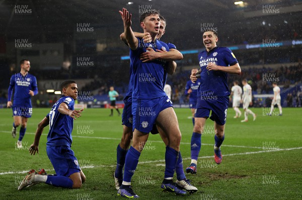 150222 - Cardiff City v Coventry City - SkyBet Championship - Mark Harris of Cardiff City celebrates scoring a goal with team mates