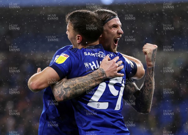 150222 - Cardiff City v Coventry City - SkyBet Championship - Mark Harris of Cardiff City celebrates scoring a goal with Aden Flint