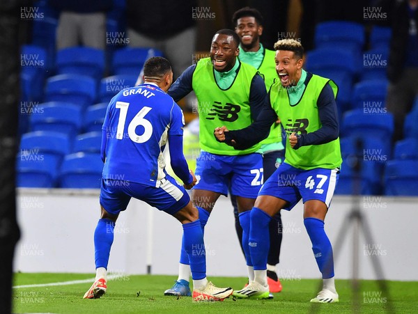 190923 - Cardiff City v Coventry City - EFL SkyBet Championship - Karlan Grant of Cardiff City celebrates scoring goal with Yakou Meite and Callum Robinson