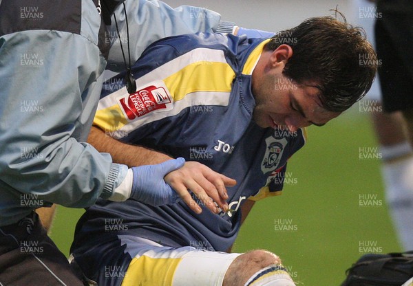 15.11.08 ... Cardiff City v Crystal Palace, Coca Cola Championship -  Cardiff's Joe Ledley recieves treatment to his injured hand 