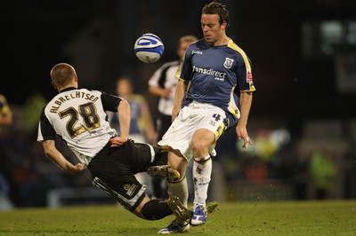08.04.09.. Cardiff City v Derby County, Coca Cola Championship. -   Cardiff's Gavin Rae is challenged by Derby's Martin Albrechtsen  