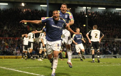 08.04.09.. Cardiff City v Derby County, Coca Cola Championship. -   Cardiff's Jay Bothroyd celebrates with Michael Chopra after he scores City's third goal 