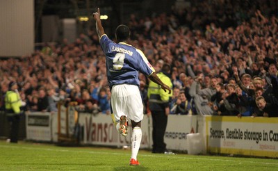 08.04.09.. Cardiff City v Derby County, Coca Cola Championship. -   Cardiff's Eddie Johnson celebrates after he scores City's fourth goal 