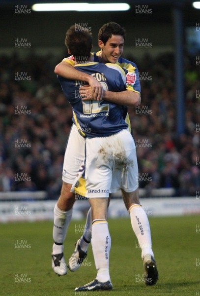 08.04.09.. Cardiff City v Derby County, Coca Cola Championship. -   Cardiff's Peter Whittingham celebrates with goal scorer Cardiff's Roger Johnson 
