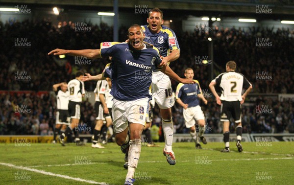 08.04.09.. Cardiff City v Derby County, Coca Cola Championship. -   Cardiff's Jay Bothroyd celebrates with Michael Chopra after he scores City's third goal 