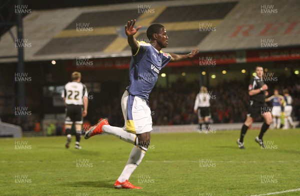08.04.09.. Cardiff City v Derby County, Coca Cola Championship. -   Cardiff's Eddie Johnson celebrates after he scores City's fourth goal 