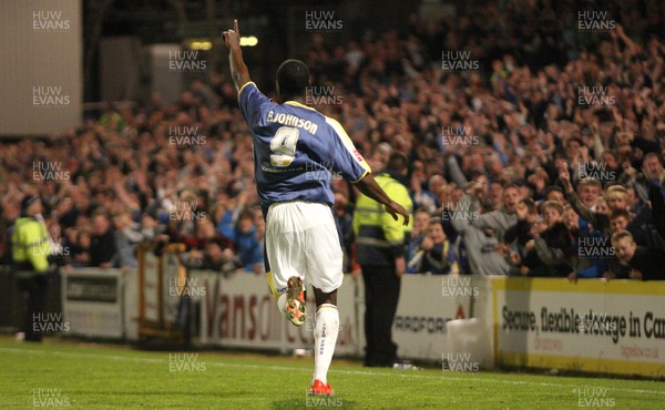 08.04.09.. Cardiff City v Derby County, Coca Cola Championship. -   Cardiff's Eddie Johnson celebrates after he scores City's fourth goal 