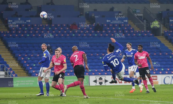 020321 - Cardiff City v Derby County, Sky Bet Championship - Kieffer Moore of Cardiff City fires a shot towards goal