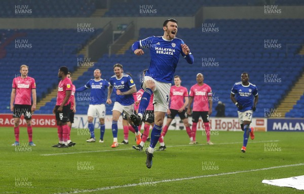 020321 - Cardiff City v Derby County, Sky Bet Championship - Kieffer Moore of Cardiff City celebrates after he heads to score the second goal