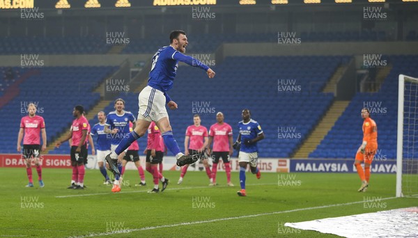 020321 - Cardiff City v Derby County, Sky Bet Championship - Kieffer Moore of Cardiff City celebrates after he heads to score the second goal