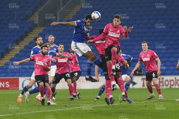 020321 - Cardiff City v Derby County, Sky Bet Championship - Curtis Nelson of Cardiff City looks to head at goal