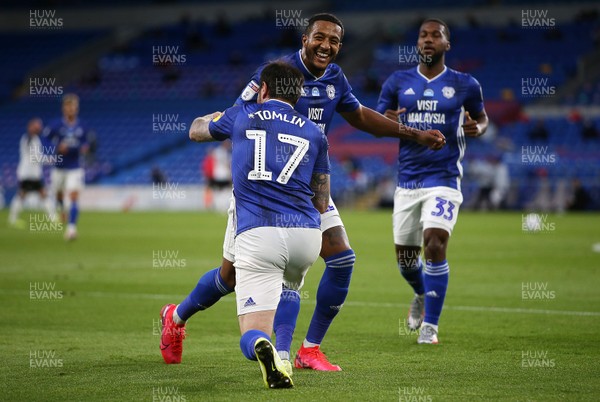 140720 - Cardiff City v Derby County - SkyBet Championship - Lee Tomlin of Cardiff City celebrates scoring a goal with Nathaniel Mendez-Laing