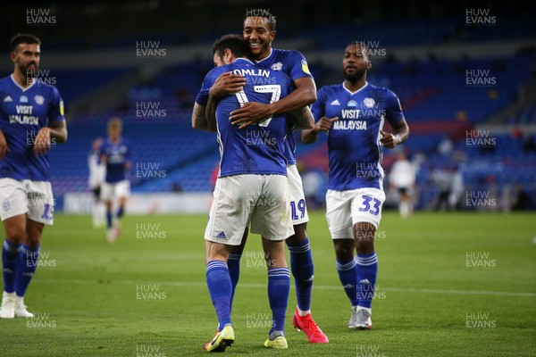 140720 - Cardiff City v Derby County - SkyBet Championship - Lee Tomlin of Cardiff City celebrates scoring a goal with Nathaniel Mendez-Laing