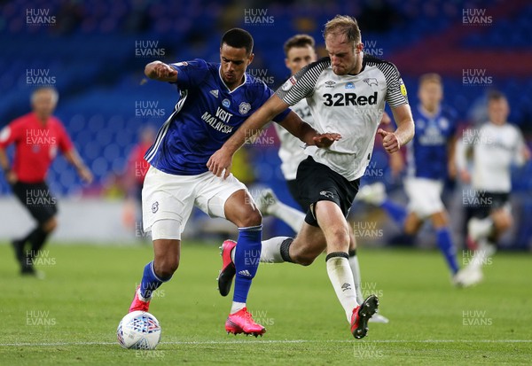 140720 - Cardiff City v Derby County - SkyBet Championship - Robert Glatzel of Cardiff City is challenged by Matthew Clarke of Derby County