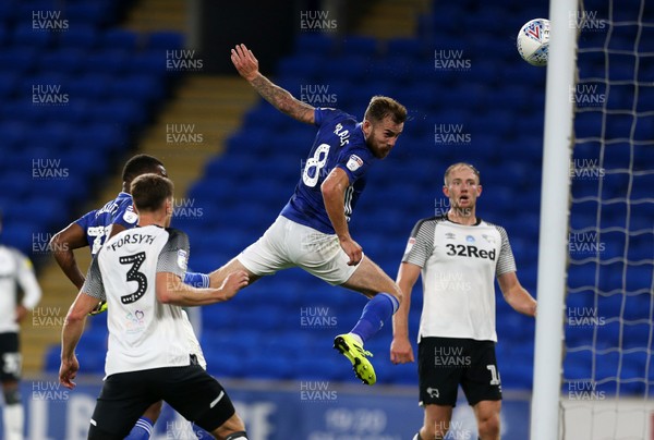140720 - Cardiff City v Derby County - SkyBet Championship - Joe Ralls of Cardiff City headers hits the goal bar