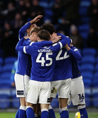 131225 - Cardiff City v Doncaster Rovers - SkyBet League One - Yousef Salech of Cardiff celebrates scoring a goal with team mates