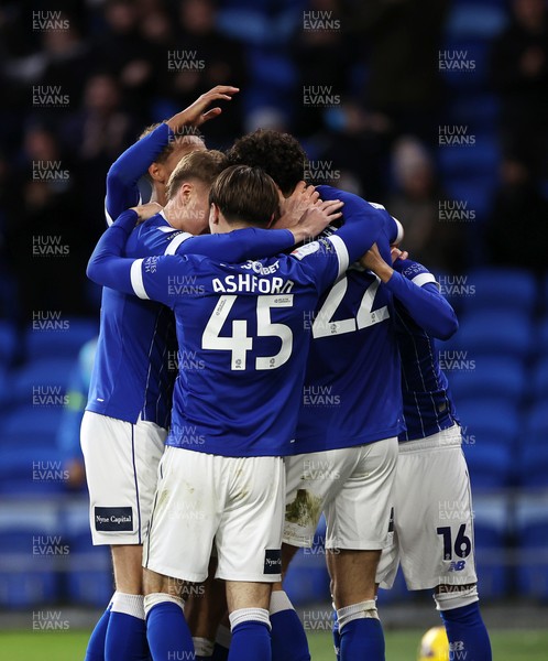 131225 - Cardiff City v Doncaster Rovers - SkyBet League One - Yousef Salech of Cardiff celebrates scoring a goal with team mates