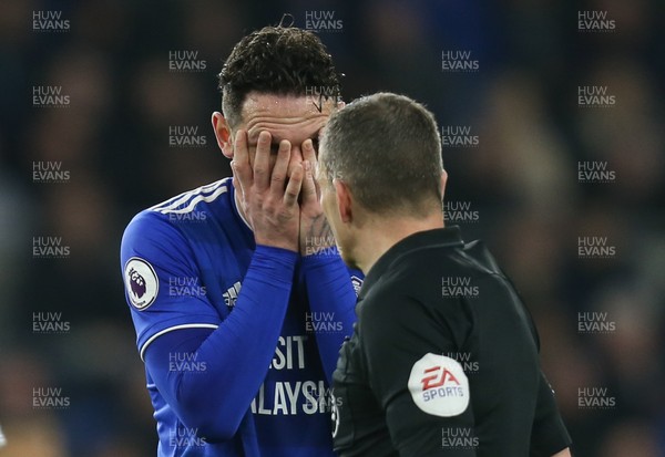 260219 - Cardiff City v Everton, Premier League - Sean Morrison of Cardiff City can't believe it after a decision is given against him