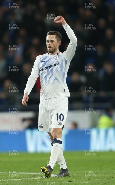 260219 - Cardiff City v Everton, Premier League - Gylfi Sigurdsson of Everton acknowledges the away supporters after scoring goal