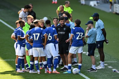110726 - Cardiff City v FC Midtjylland - Preseason Friendly - Brian Barry-Murphy, Cardiff City Manager consoles his team during the hydration break