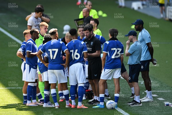 110726 - Cardiff City v FC Midtjylland - Preseason Friendly - Brian Barry-Murphy, Cardiff City Manager consoles his team during the hydration break