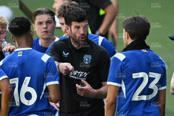 110726 - Cardiff City v FC Midtjylland - Preseason Friendly - Brian Barry-Murphy, Cardiff City Manager consoles his team during the hydration break