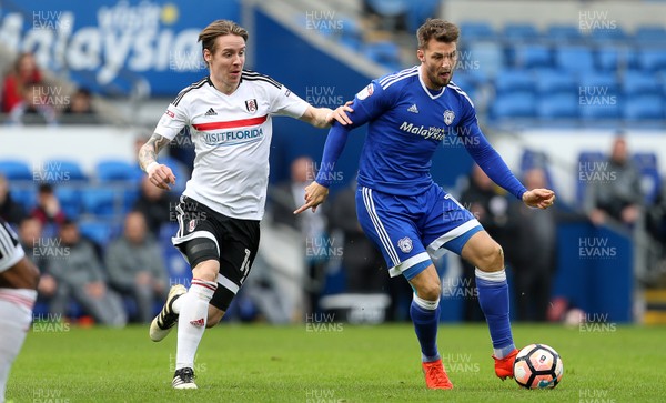 080117 - Cardiff City v Fulham - FA Cup 3rd Round - Anthony Pilkington of Cardiff City is challenged by Stefan Johansen of Fulham by Chris Fairweather/Huw Evans Agency