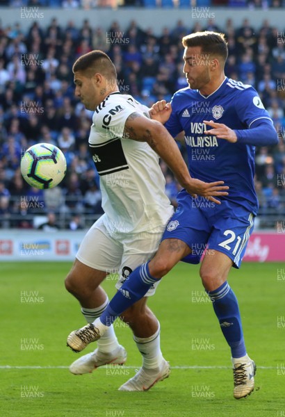 201018 - Cardiff City v Fulham, Premier League - Victor Camarasa of Cardiff City and Aleksandar Mitrovic of Fulham compete for the ball