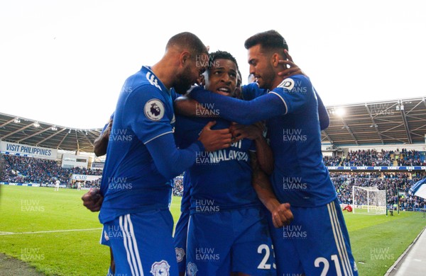 201018 - Cardiff City v Fulham, Premier League - Kadeem Harris of Cardiff City is mobbed by tea mates as celebrates after scoring the fourth goal