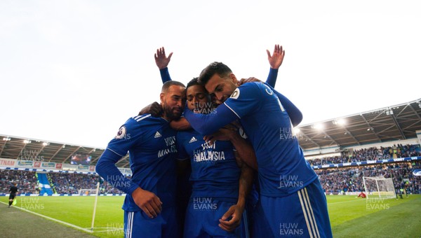 201018 - Cardiff City v Fulham, Premier League - Kadeem Harris of Cardiff City is mobbed by tea mates as celebrates after scoring the fourth goal