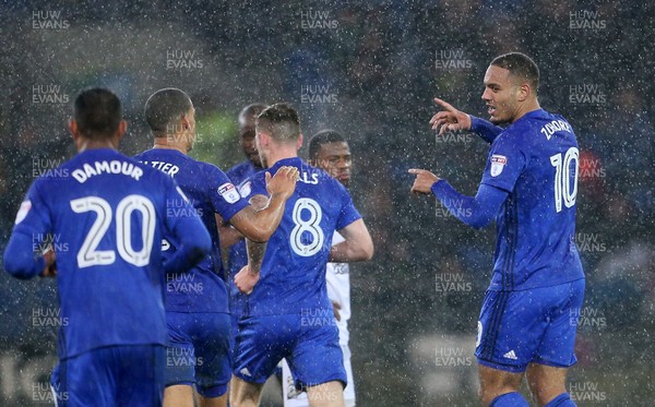 261217 - Cardiff City v Fulham - SkyBet Championship - Kenneth Zohore of Cardiff City celebrates with team mates after scoring a goal