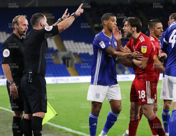 300819 - Cardiff City v Fulham, Sky Bet Championship - Harry Arter of Fulham reacts towards the officials before being shown a second yellow card