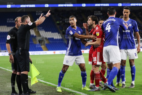 300819 - Cardiff City v Fulham, Sky Bet Championship - Harry Arter of Fulham reacts towards the officials before being shown a second yellow card