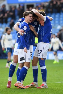 061225 - Cardiff City v Huddersfield Town - Sky Bet League 1 - Yousef Salech of Cardiff City celebrates scoring a goal with team mates