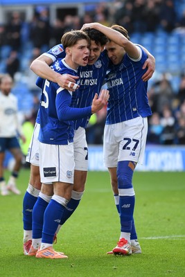 061225 - Cardiff City v Huddersfield Town - Sky Bet League 1 - Yousef Salech of Cardiff City celebrates scoring a goal with team mates