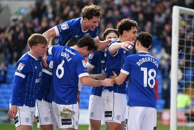 061225 - Cardiff City v Huddersfield Town - Sky Bet League 1 - Yousef Salech of Cardiff City celebrates scoring a goal with team mates