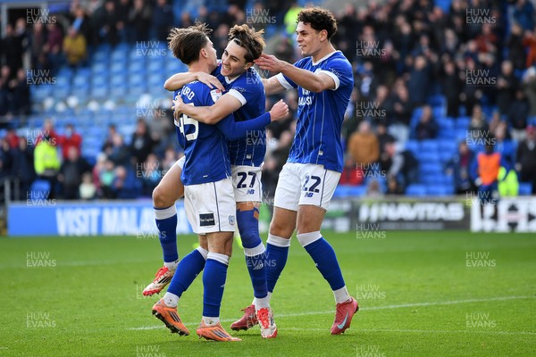061225 - Cardiff City v Huddersfield Town - Sky Bet League 1 - Yousef Salech of Cardiff City celebrates scoring a goal with team mates