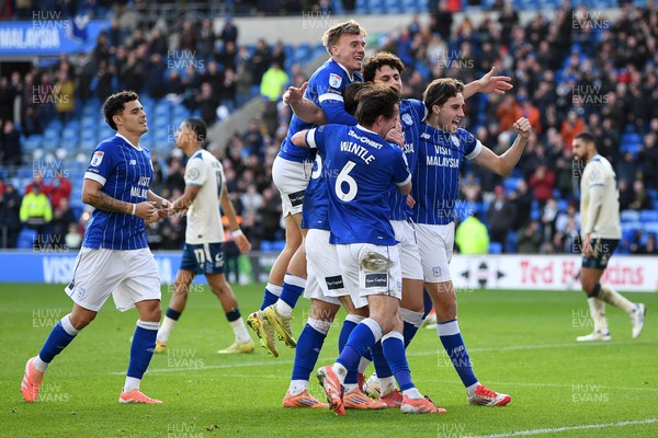 061225 - Cardiff City v Huddersfield Town - Sky Bet League 1 - Yousef Salech of Cardiff City celebrates scoring a goal with team mates