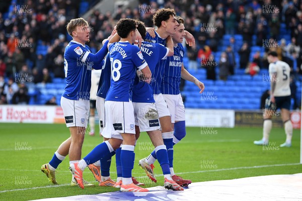 061225 - Cardiff City v Huddersfield Town - Sky Bet League 1 - Yousef Salech of Cardiff City celebrates scoring a goal with team mates