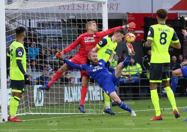 120119 -  Cardiff City v Huddersfield Town, Premier League - Aron Gunnarsson of Cardiff City tries an overhead kick at close range