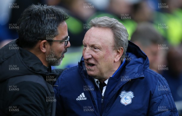 120119 -  Cardiff City v Huddersfield Town, Premier League - Huddersfield manager David Wagner chats with Cardiff City manager Neil Warnock at the start of the match