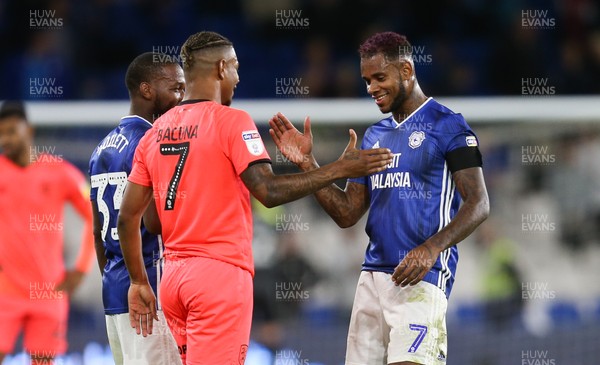 210819 - Cardiff City v Huddersfield Town, Sky Bet Championship - Brothers Juninho Bacuna of Huddersfield Town and Leandro Bacuna of Cardiff City greet each other at the end of the match