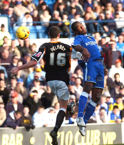 180206 - Championship Football - Cardiff City v Hull City Cardiff's Cameron Jerome beats Damien Delaney to a high ball 