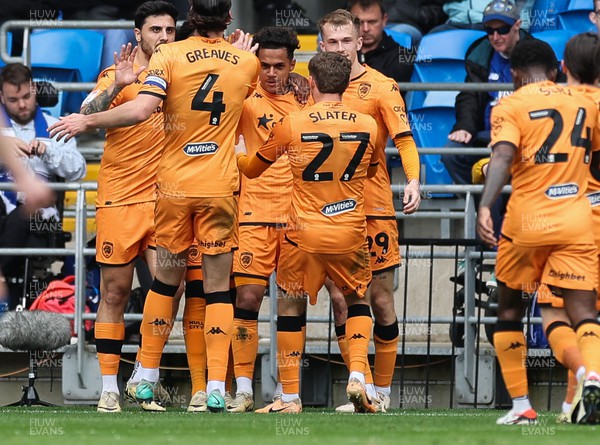 060424 - Cardiff City v Hull City, EFL Sky Bet Championship - Fabio Carvalho of Hull City is congratulated by team mates after scoring the second goal